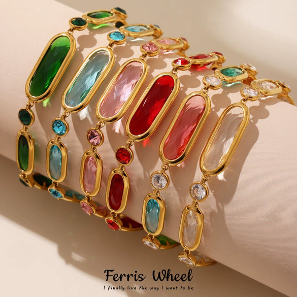 Wholesale Women's Geometric Rectangular Round Faceted Stainless Steel And Glass Stone Electroplated Bracelet With Midcentury And Ancient Style