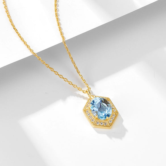 Wholesale Women's Geometric Retro Natural Sky Blue Topaz Sterling Silver 925 Silver Gem Inlaid Necklace With Cross Chain