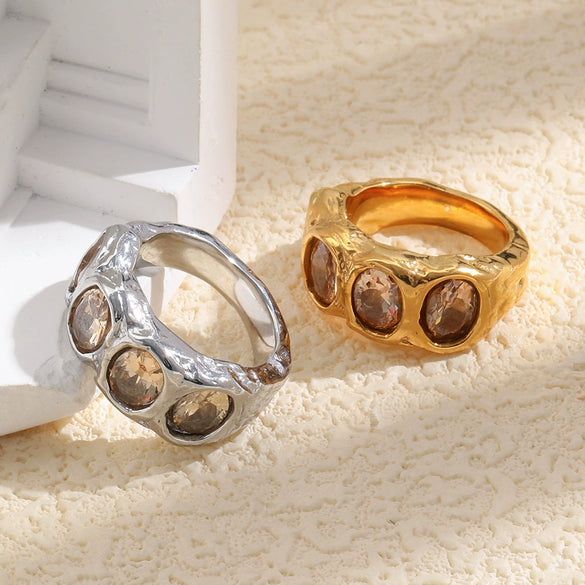 Wholesale Women's Geometric Retro Niche Stainless Steel 18K Goldplated Zircon Ring