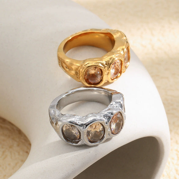 Wholesale Women's Geometric Retro Niche Stainless Steel 18K Goldplated Zircon Ring