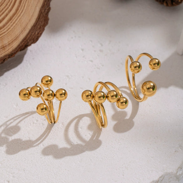 Wholesale Women's Geometric Round Ball Bead Open Ring Stainless Steel Pvd Furnace Vacuum Real Gold Plated Hand Jewelry