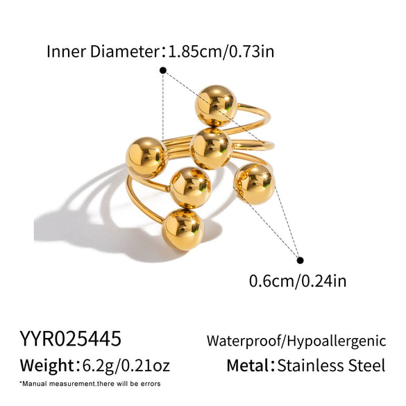 Wholesale Women's Geometric Round Ball Bead Open Ring Stainless Steel Pvd Furnace Vacuum Real Gold Plated Hand Jewelry
