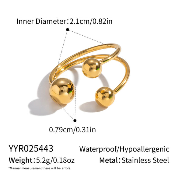 Wholesale Women's Geometric Round Ball Bead Open Ring Stainless Steel Pvd Furnace Vacuum Real Gold Plated Hand Jewelry