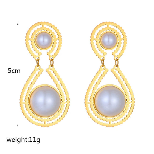 Wholesale Women's Geometric Round Pearl Dropshaped Electroplated Titanium Steel Earrings Fashionable Elegant Light Luxury Retro Style