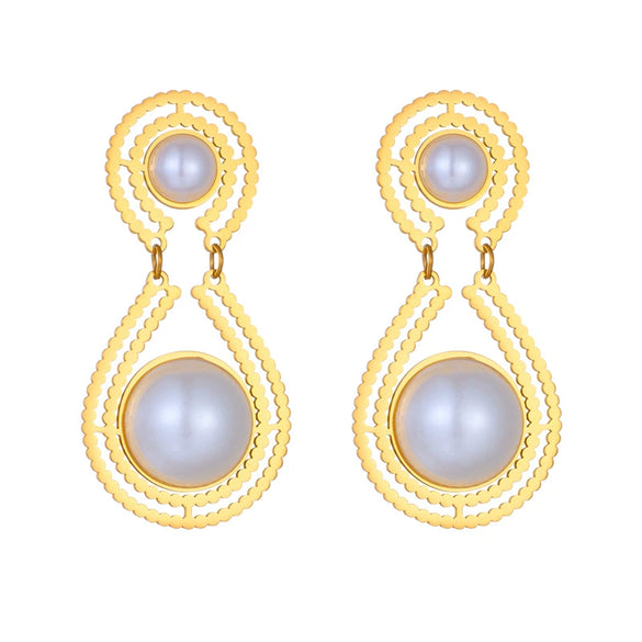 Wholesale Women's Geometric Round Pearl Dropshaped Electroplated Titanium Steel Earrings Fashionable Elegant Light Luxury Retro Style
