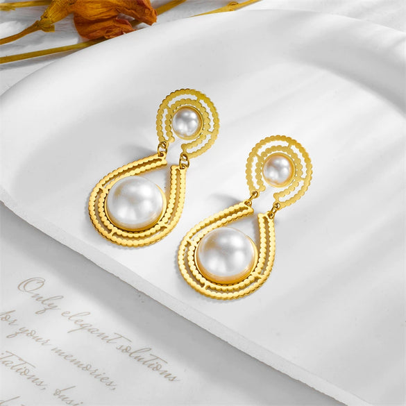 Wholesale Women's Geometric Round Pearl Dropshaped Electroplated Titanium Steel Earrings Fashionable Elegant Light Luxury Retro Style