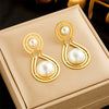 Wholesale Women's Geometric Round Pearl Dropshaped Electroplated Titanium Steel Earrings Fashionable Elegant Light Luxury Retro Style
