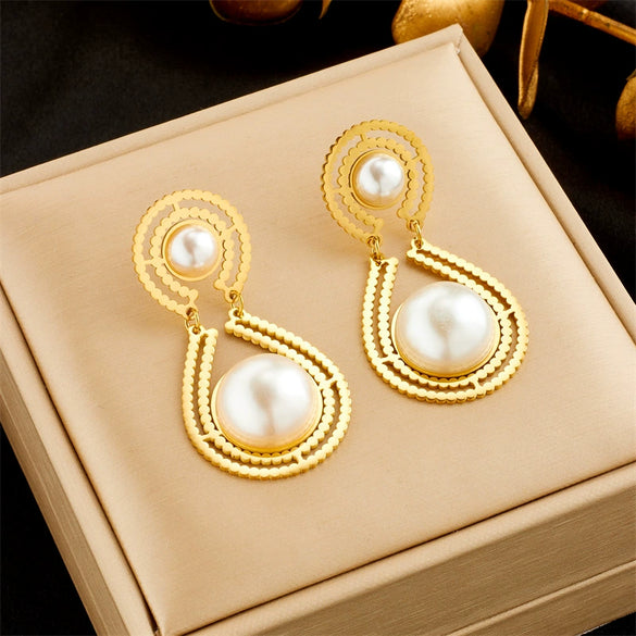 Wholesale Women's Geometric Round Pearl Dropshaped Electroplated Titanium Steel Earrings Fashionable Elegant Light Luxury Retro Style