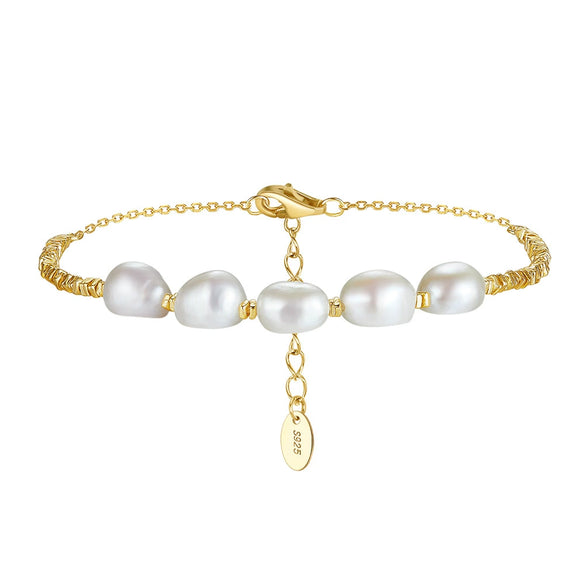 Wholesale Women's Geometric S925 Sterling Silver Natural Freshwater Pearl Adjustable Bracelet With Electroplating