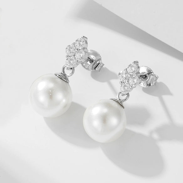 Wholesale Women's Geometric S925 Sterling Silver Pearl Inlaid Clover Earrings With Micro Inlaid Zircon