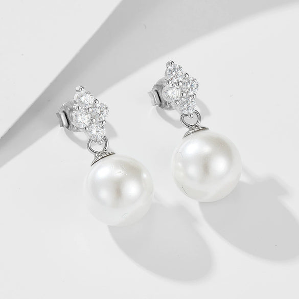 Wholesale Women's Geometric S925 Sterling Silver Pearl Inlaid Clover Earrings With Micro Inlaid Zircon