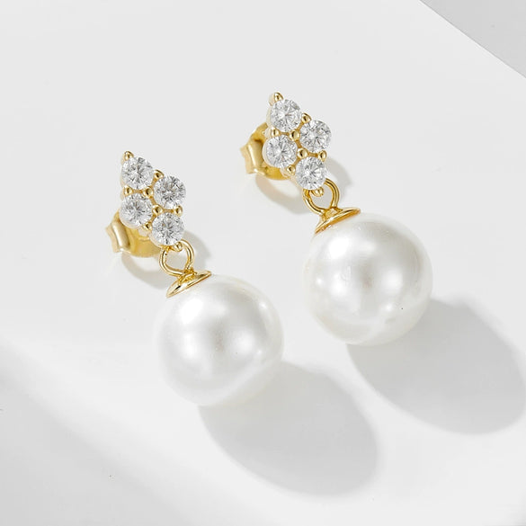 Wholesale Women's Geometric S925 Sterling Silver Pearl Inlaid Clover Earrings With Micro Inlaid Zircon