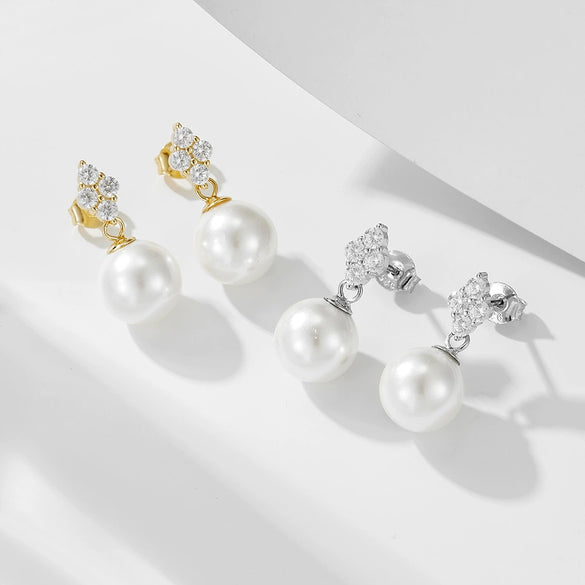 Wholesale Women's Geometric S925 Sterling Silver Pearl Inlaid Clover Earrings With Micro Inlaid Zircon