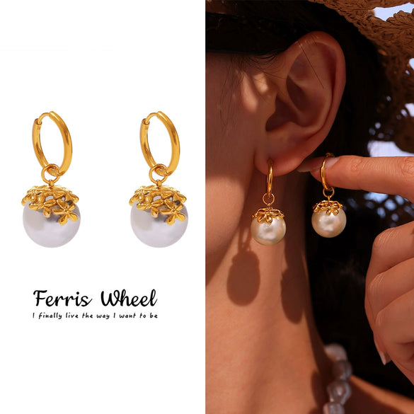 Wholesale Women's Geometric Shell Pearl Flower Stainless Steel Electroplated Earrings