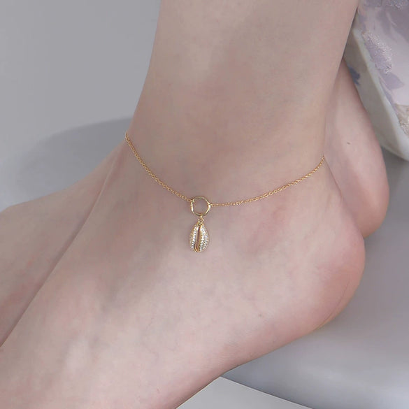 Wholesale Women's Geometric Shell Shaped Sterling Silver Anklet With Full Diamond