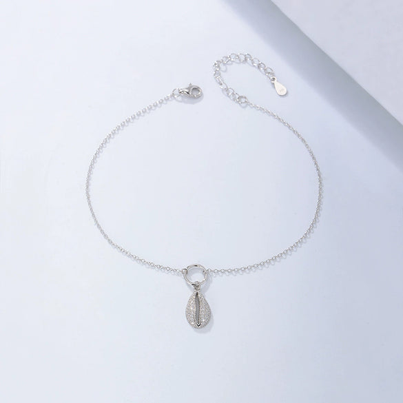 Wholesale Women's Geometric Shell Shaped Sterling Silver Anklet With Full Diamond
