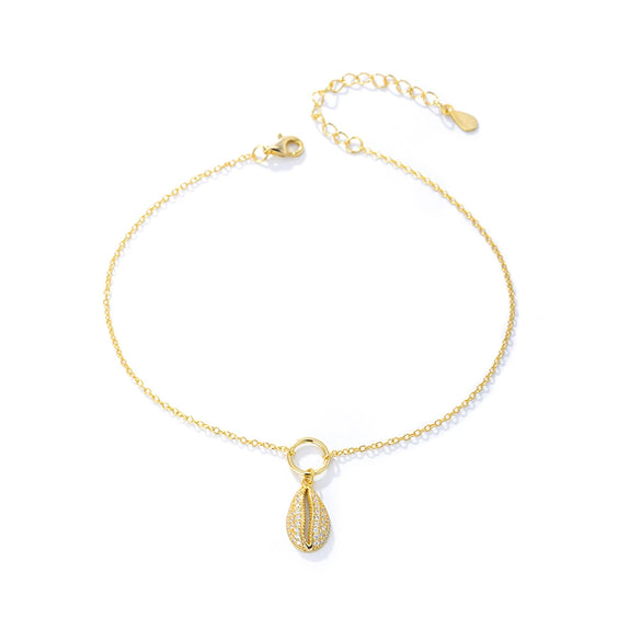 Wholesale Women's Geometric Shell Shaped Sterling Silver Anklet With Full Diamond