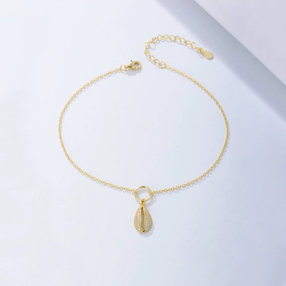 Wholesale Women's Geometric Shell Shaped Sterling Silver Anklet With Full Diamond