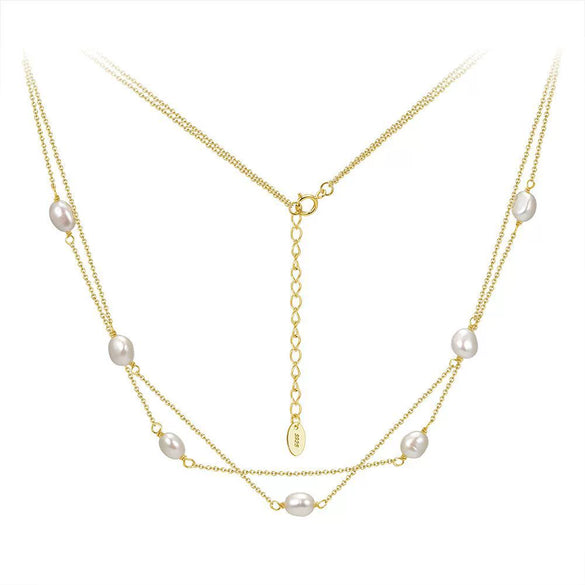 Wholesale Women's Geometric 925 Silver Freshwater Pearl Cross Chain Electroplated Doublelayered Choker Necklace