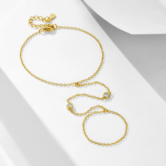 Wholesale Women's Geometric Silver Zircon Finger Chain Bracelet Set With Diamonds
