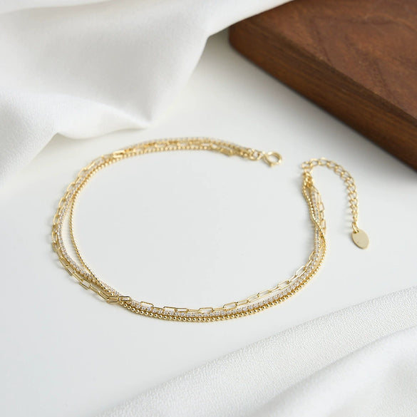 Wholesale Women's Geometric Silver Zircon Tennis Chain Bead Anklet Jewelry