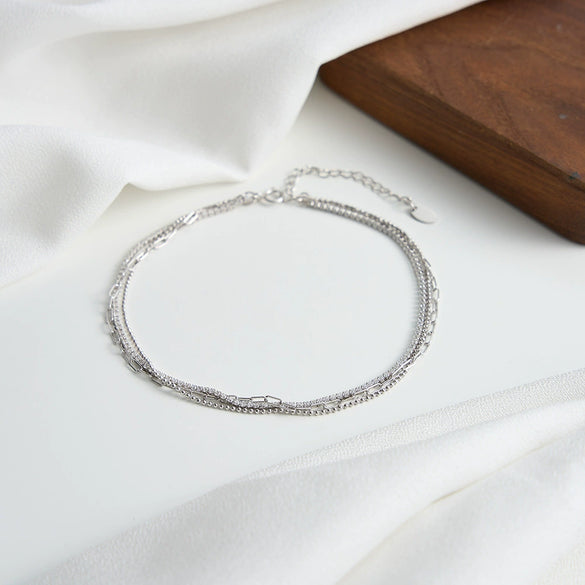Wholesale Women's Geometric Silver Zircon Tennis Chain Bead Anklet Jewelry