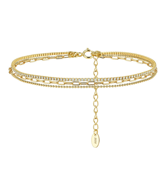 Wholesale Women's Geometric Silver Zircon Tennis Chain Bead Anklet Jewelry