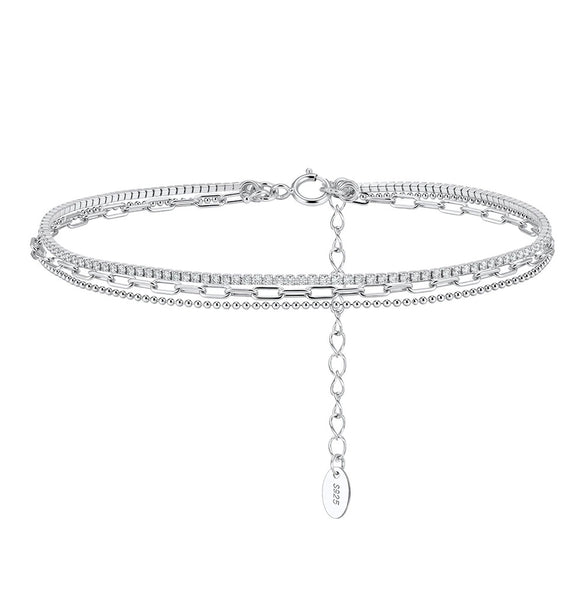 Wholesale Women's Geometric Silver Zircon Tennis Chain Bead Anklet Jewelry