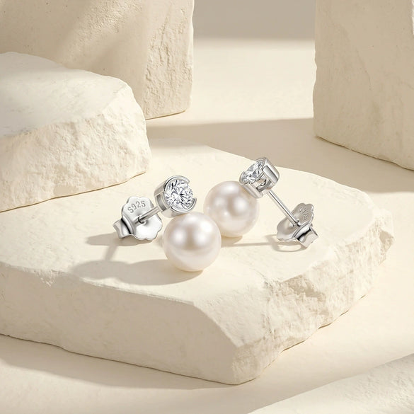 Wholesale Women's Geometric Silver Zirconia Stud Earrings With White Pearl