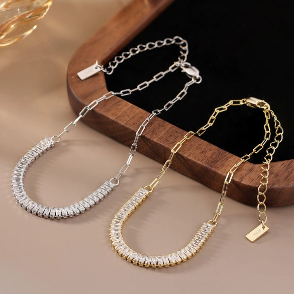 Wholesale Women's Geometric Spliced White Zirconium Tennis Chain S925 Sterling Silver Bracelet With Electroplating