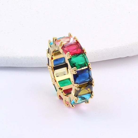 Wholesale Women's Geometric Square Copper Goldplated Inlaid Artificial Gem And Semiprecious Stone Ring Jewelry