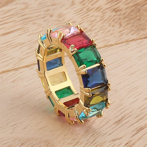 Wholesale Women's Geometric Square Copper Goldplated Inlaid Artificial Gem And Semiprecious Stone Ring Jewelry