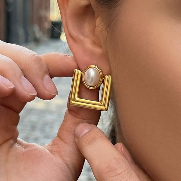 Wholesale Women's Geometric Square Imitation Pearl Stainless Steel Electroplated Earrings