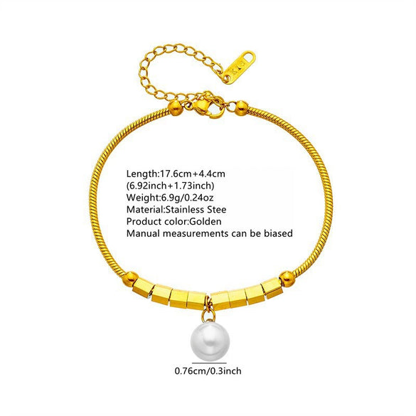 Wholesale Women's Geometric Square Pearl Chain Stainless Steel Bracelet With Vacuum Plating
