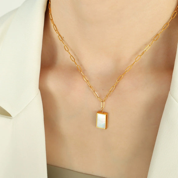 Wholesale Women's Geometric Square Shell 316L Stainless Steel Gold Plated Pendant Necklace