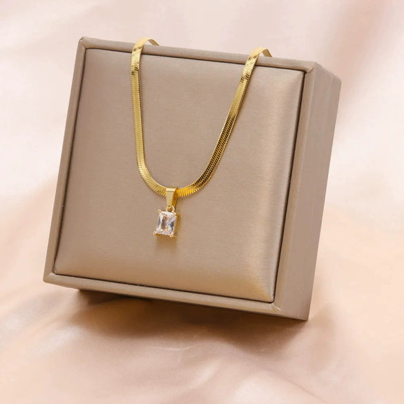 Wholesale Women's Geometric Square Stainless Steel Zircon Necklace With Electroplating Treatment And Ball Bead Chain