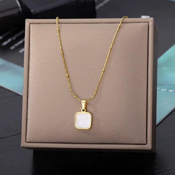 Wholesale Women's Geometric Square Stainless Steel Zircon Necklace With Electroplating Treatment And Ball Bead Chain