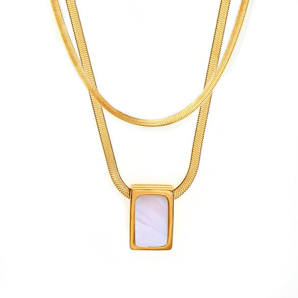 Wholesale Women's Geometric Square White Sea Shell Pendant Necklace In Titanium Steel With 18K Real Gold Plating