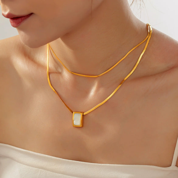 Wholesale Women's Geometric Square White Sea Shell Pendant Necklace In Titanium Steel With 18K Real Gold Plating