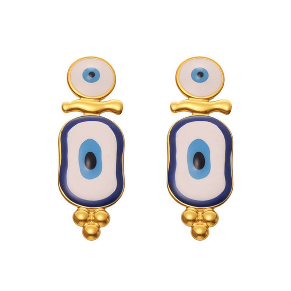 Wholesale Women's Geometric Stainless Steel And Enamel Glaze Electroplated Ferris Wheel And Turkish Blue Eye Earrings