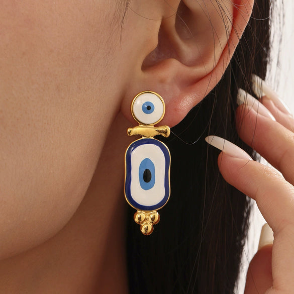 Wholesale Women's Geometric Stainless Steel And Enamel Glaze Electroplated Ferris Wheel And Turkish Blue Eye Earrings