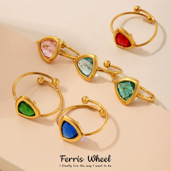 Wholesale Women's Geometric Stainless Steel And Glass Stone Inlaid Electroplated Ferris Wheel Triangular Open Ring