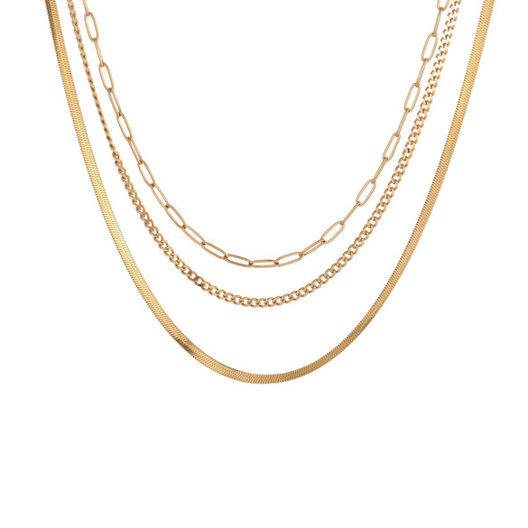 Wholesale Women's Geometric Stainless Steel And 18K Gold Electroplated Layered Necklaces With Snake Bone And Paperclip Chains