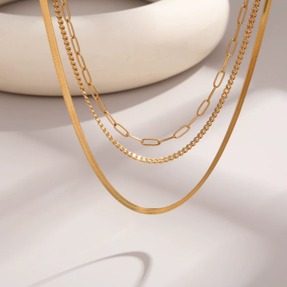 Wholesale Women's Geometric Stainless Steel And 18K Gold Electroplated Layered Necklaces With Snake Bone And Paperclip Chains