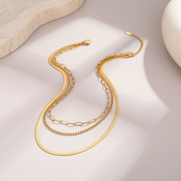 Wholesale Women's Geometric Stainless Steel And 18K Gold Electroplated Layered Necklaces With Snake Bone And Paperclip Chains