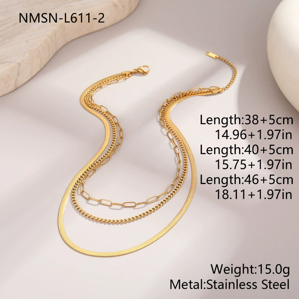 Wholesale Women's Geometric Stainless Steel And 18K Gold Electroplated Layered Necklaces With Snake Bone And Paperclip Chains