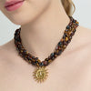 Wholesale Women's Geometric Stainless Steel And Natural Stone Goldplated Threelayer Necklace With Sun Pendant