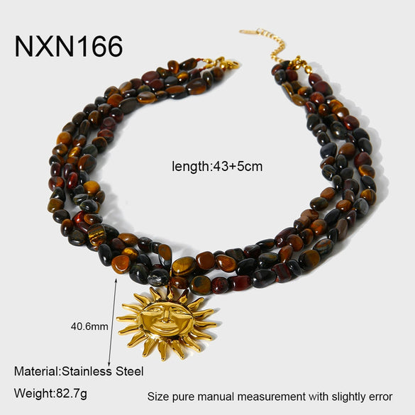 Wholesale Women's Geometric Stainless Steel And Natural Stone Goldplated Threelayer Necklace With Sun Pendant