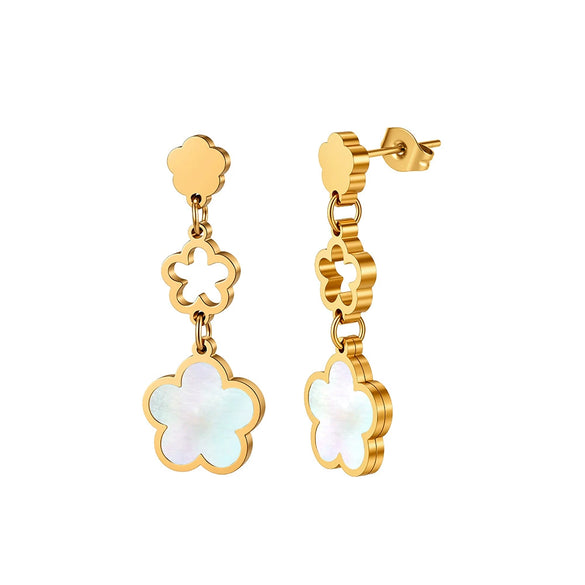 Wholesale Women's Geometric Stainless Steel And 925 Silver Electroplated Hollow Threesection Fiveleaf Flower Pendant Earrings With Original Design