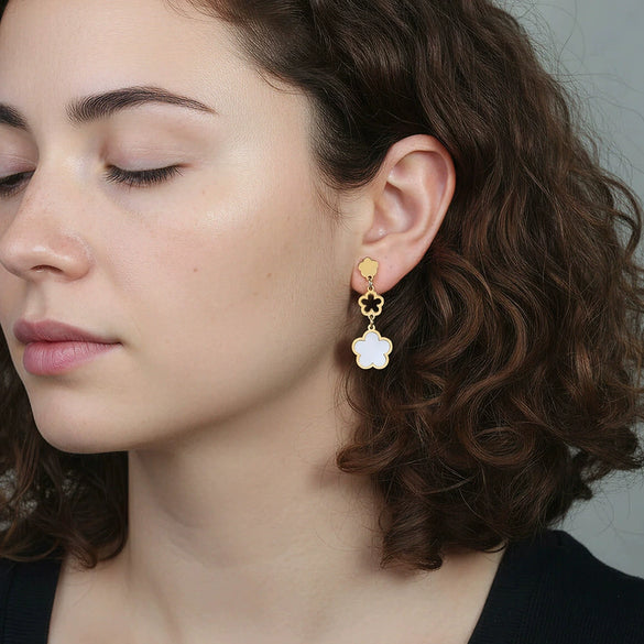 Wholesale Women's Geometric Stainless Steel And 925 Silver Electroplated Hollow Threesection Fiveleaf Flower Pendant Earrings With Original Design